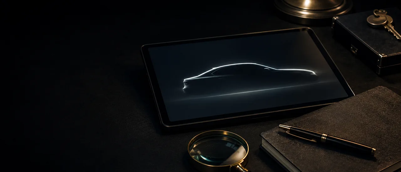 Dark vehicle verification desk with a tablet showing an abstract car silhouette, notebook, pen, and magnifying glass