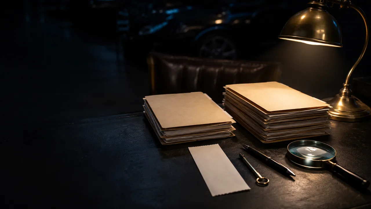 Dark automotive data review desk with blank folder stacks, magnifying glass, brass key, and pen