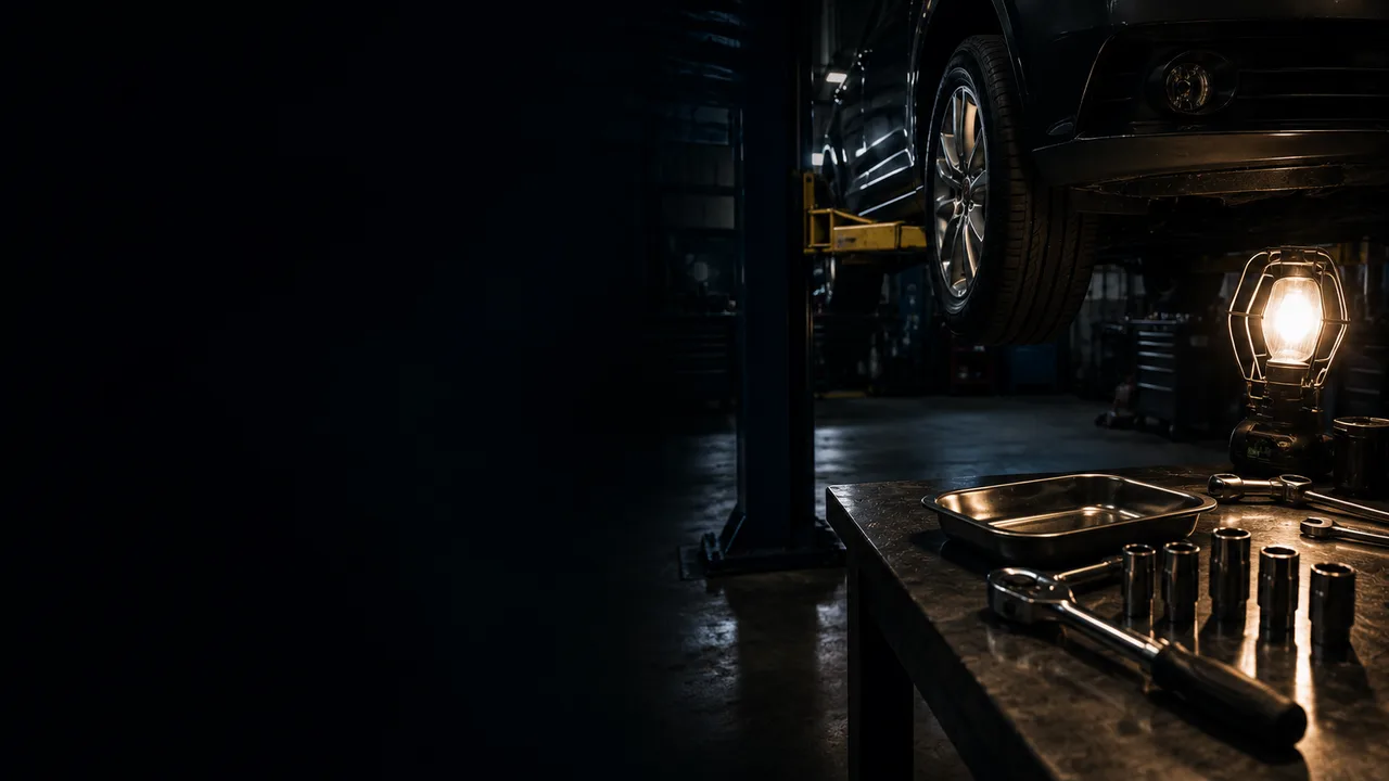 Quiet repair bay with a lifted vehicle, work light, and clean tools on a dark bench
