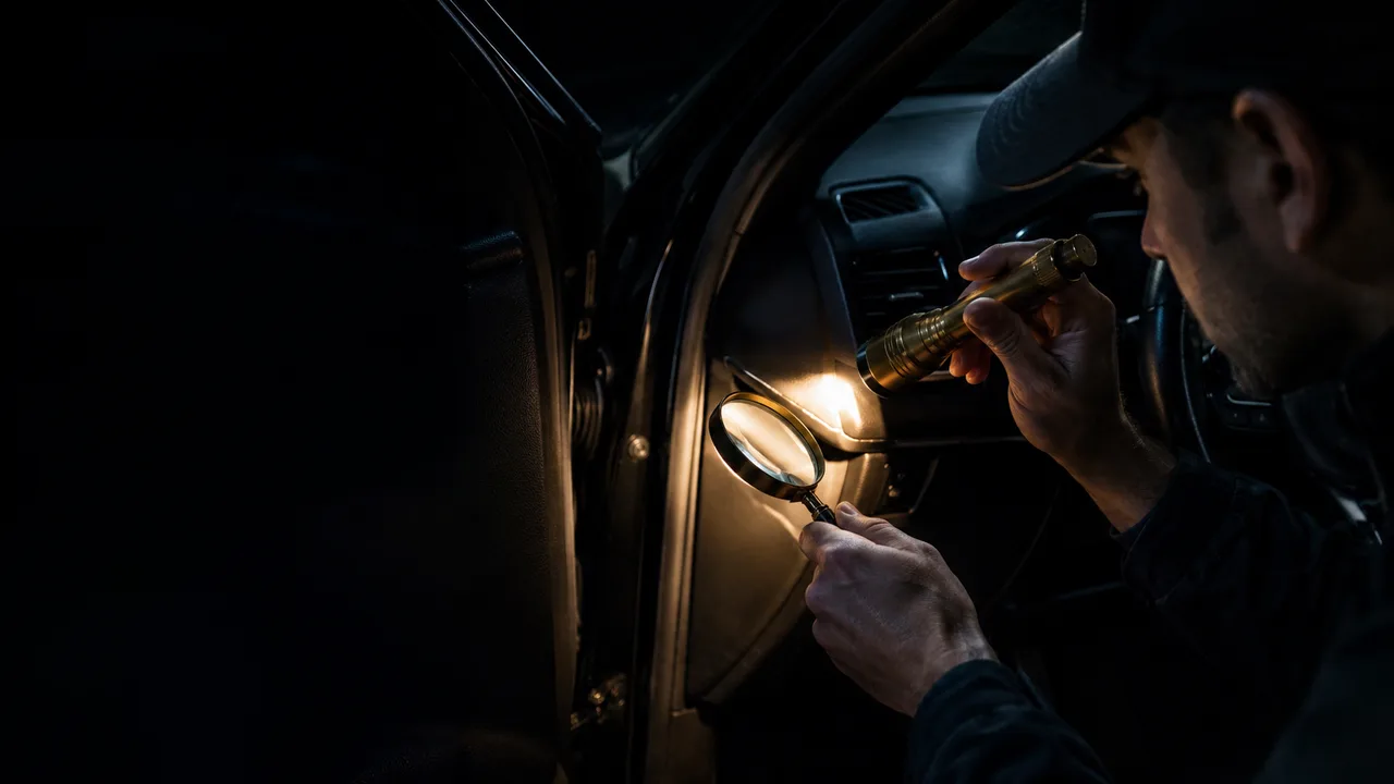 Dark car interior inspection near the dashboard and driver door with flashlight and magnifying glass