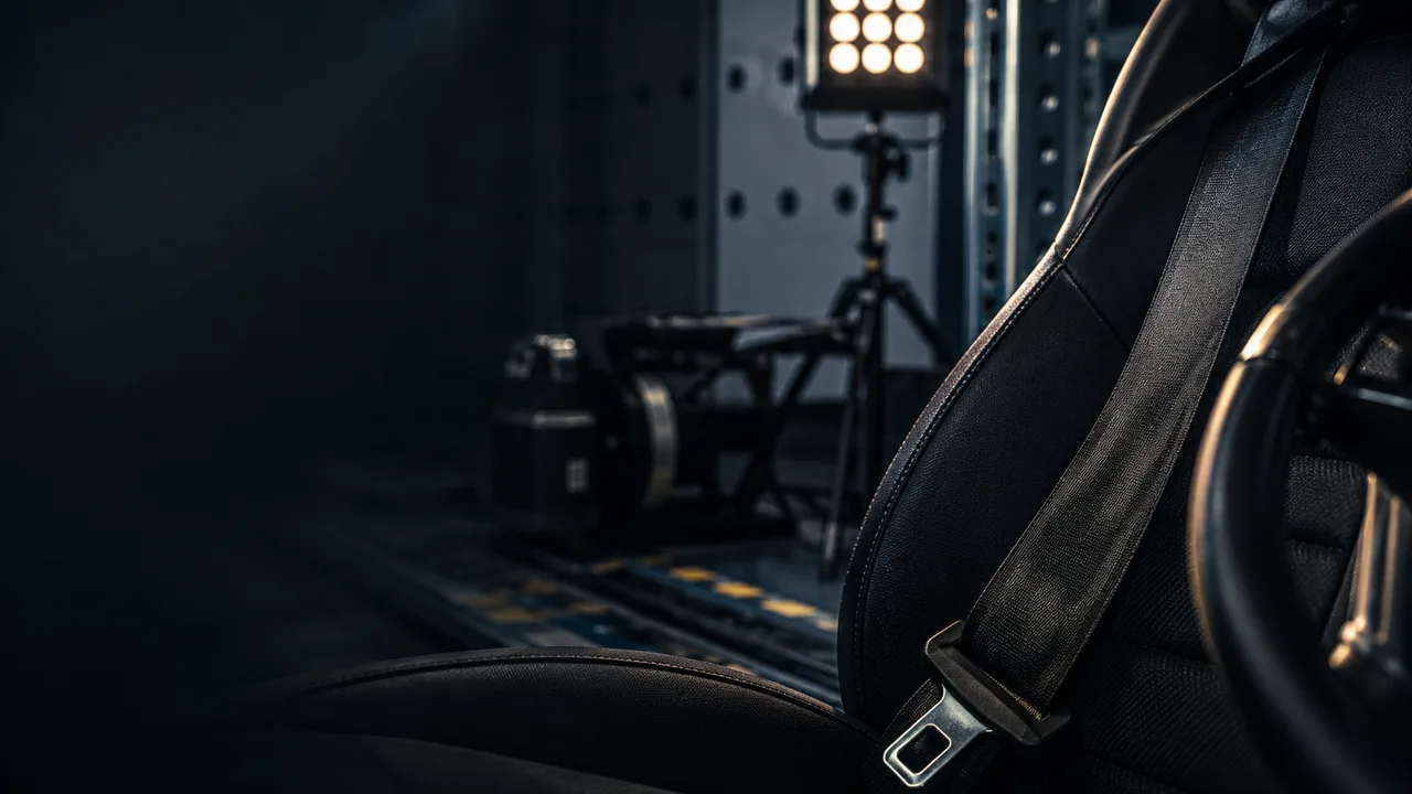 Dark automotive safety lab still life with seatbelt, steering wheel rim, and neutral measuring equipment