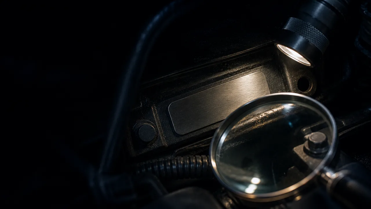 Magnifying glass and flashlight inspecting a blank metal plate on a dark vehicle frame