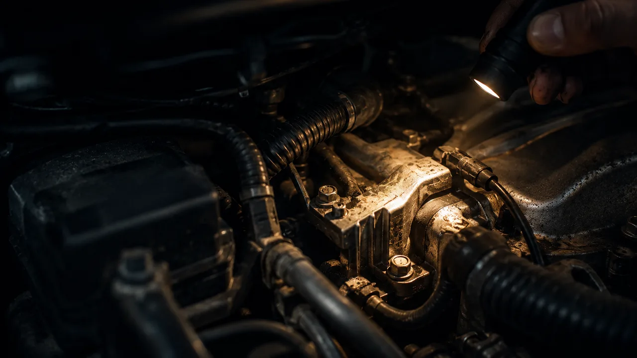 Engine compartment close-up under a handheld inspection light