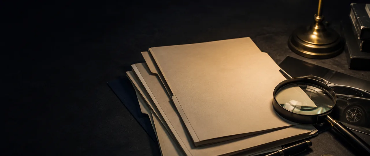 Dark vehicle document review desk with blank folders, magnifying glass, pen, and brass lamp