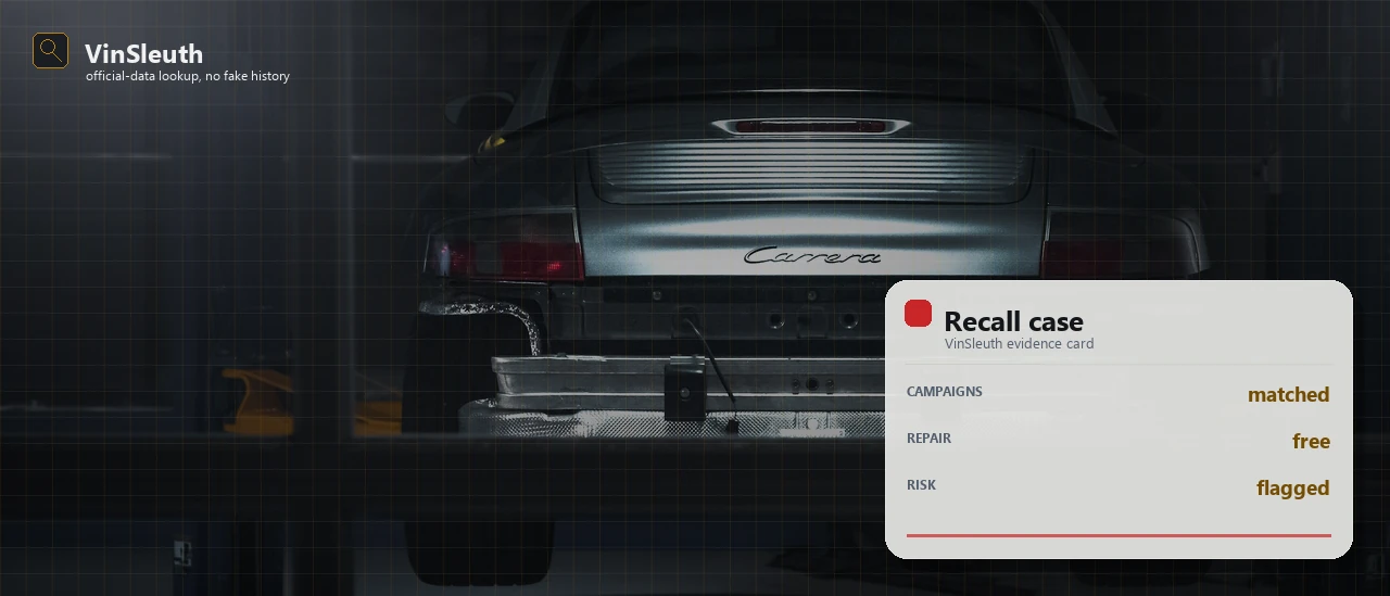 2021 Nissan Sentra recall lookup visual: Vehicle on a dark service lift with a VinSleuth recall case card for campaigns, free repair, and risk flags
