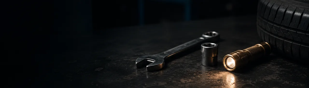 Dark garage workbench with a wrench, socket, inspection light, and tire edge